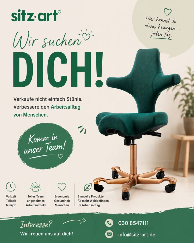 Ergonomischer Bürostuhl und Aufruf zur Bewerbung im Vertrieb – „Wir suchen DICH! Komm in unser Team.“